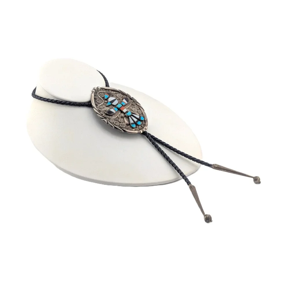 Rare Vintage Bolo Tie Museum Piece Leather Sterling Silver Southwest Accessory *